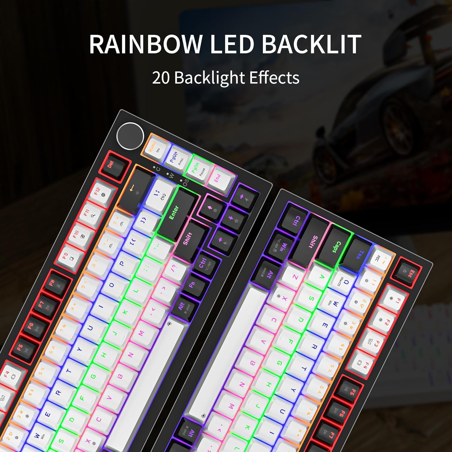 Newmen GM326 Wired Mechanical Keyboard,75% Percent Mini Backlit Hot Swappable Gaming Mechanical Keyboard with Knob,82 Keys Anti-Ghosting Compact Gaming Keyboards for PC Win Mac,Black/White,Red Switch