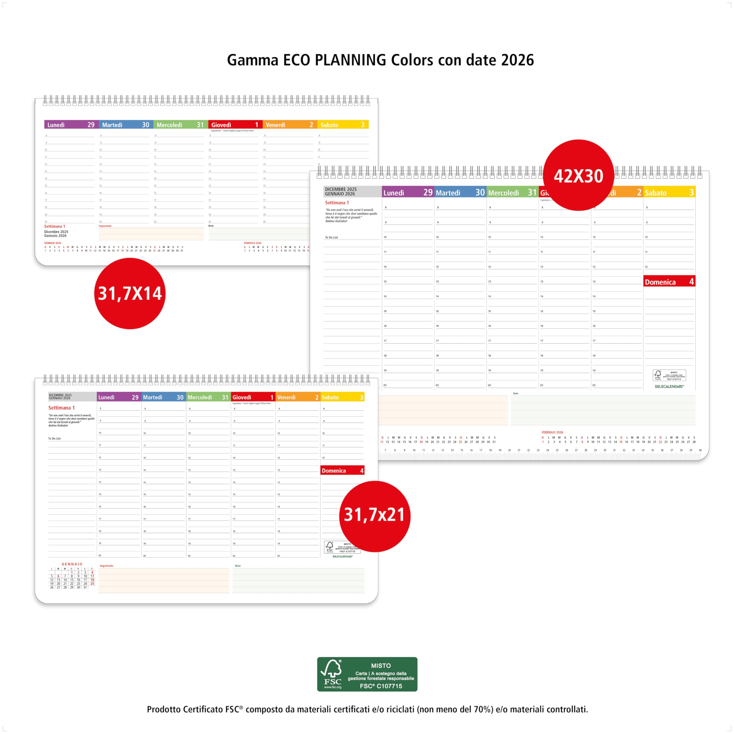 Planner 2026 Settimanale da Tavolo SPIRALATO con tutte le DATE 2026 STAMPATE in Carta ECOLOGICA Certificata FSC® Mix Credit - Planning 2026 perfetto per casa e ufficio con ANGOLI ANTIORECCHIE (30x42)