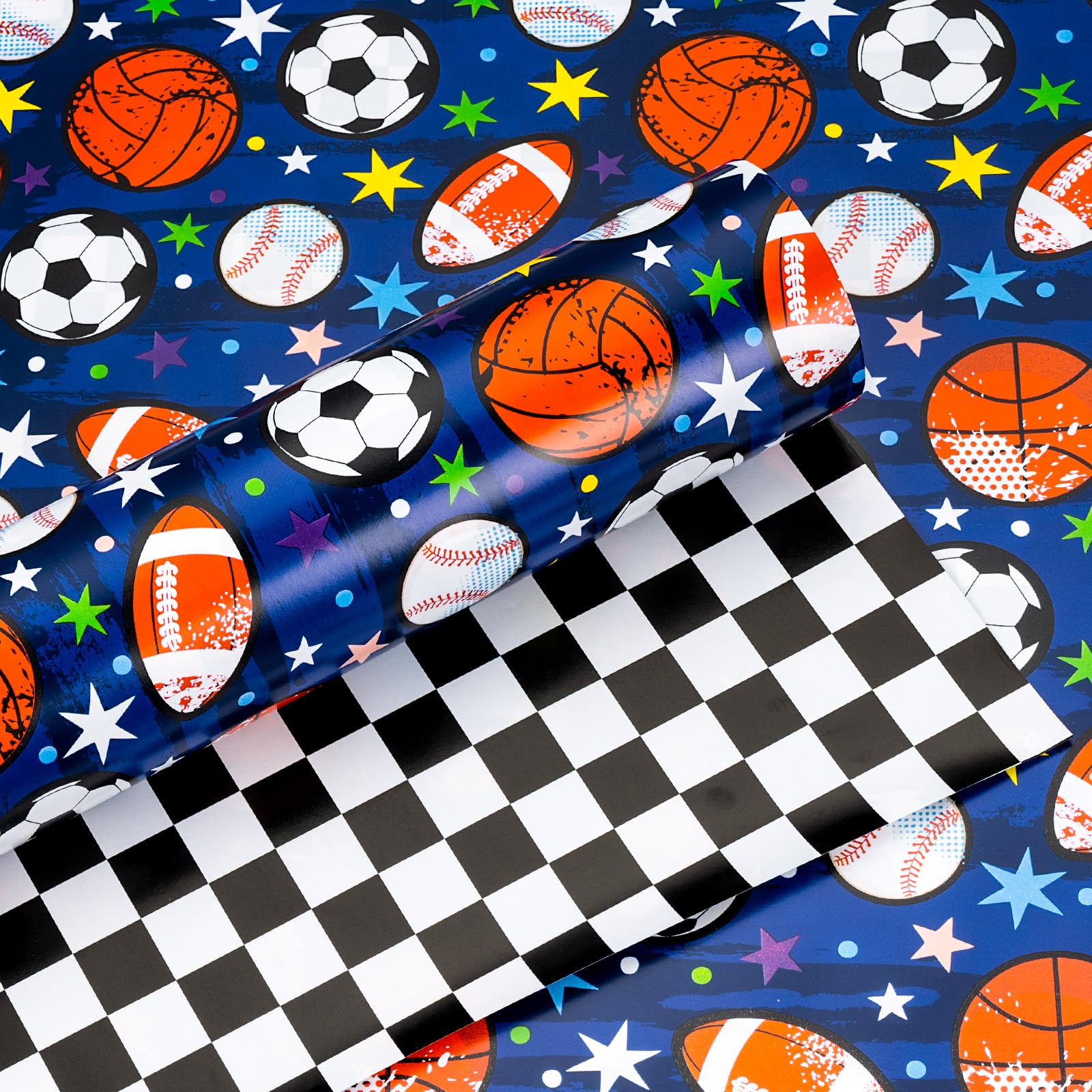 Yarcony Baseball Wrapping Paper Roll, Blue Wrapping Paper for Boys Birthday, Reversible Basketball, Football, Hockey Soccer & Checkered Flag Sports Themed Gift Wrap for Sports Fan(17 In X 16.5 Ft) — image 1