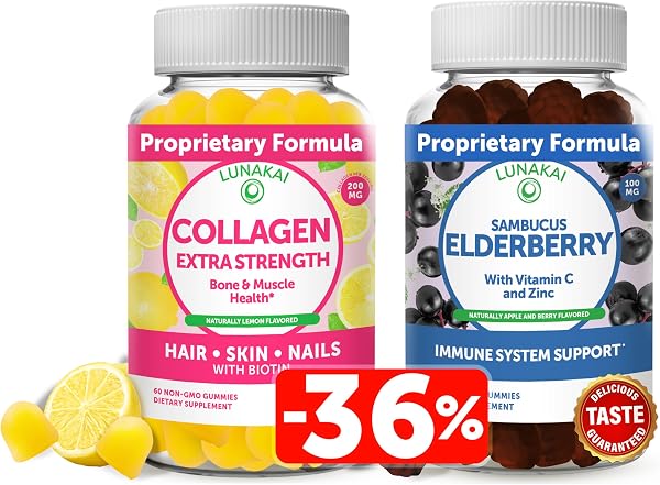 Lunakai Collagen and Elderberry Gummies Bundle - Anti Aging Supplements for Men & Women - Immune Support for Adults and Kids - Vegan, Non-GMO, No Corn Syrup, Gelatin Free, All Natural Black Sambucus