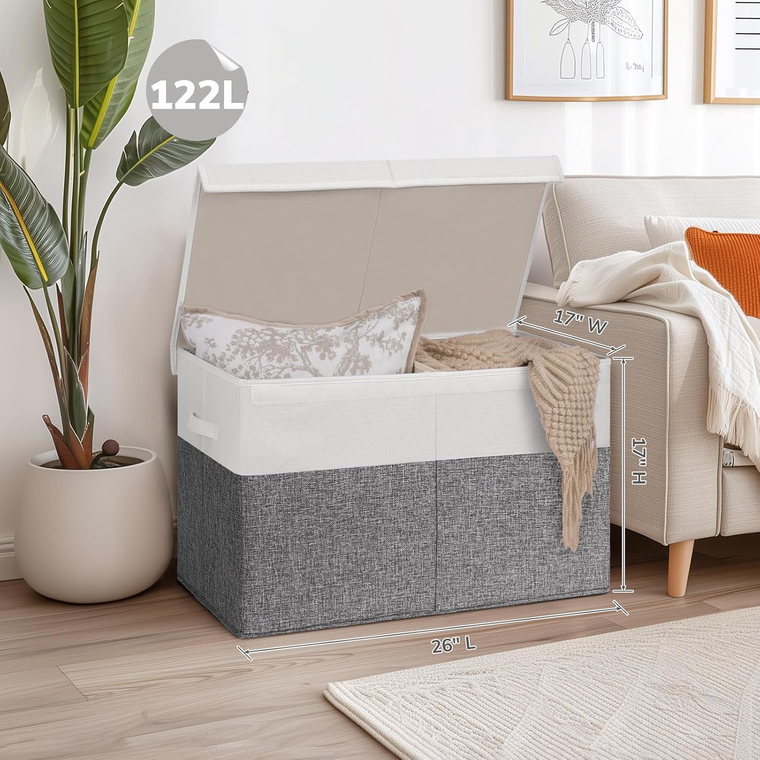 INDRESSME 122L Large Toy Storage Box with Lid & Dividers, Sturdy Kids Toy Organizer Storage Chest Bin for Playroom Bedroom Nursery Closet, 26"x17"x17", (Grey & White)