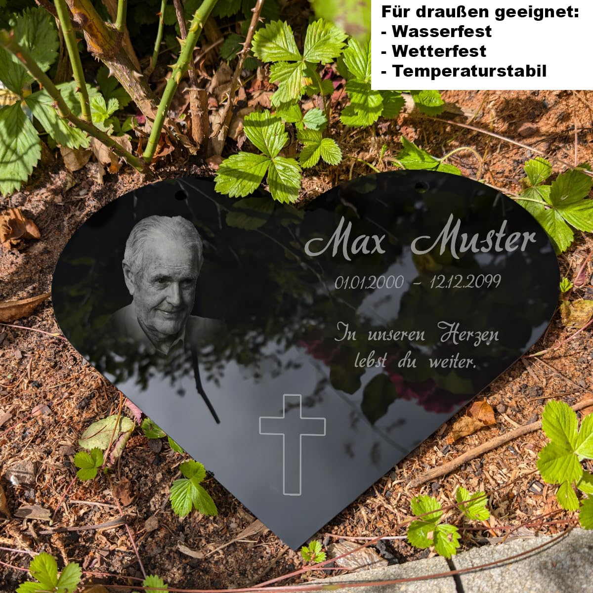 Paule Black Personalisierter Herz Grabschmuck Foto Gravur - Acrylglas Schwarz Hochglanz 400 x 300 mm - wetterfest und wasserfest für Draußen und Innen, für Opa, Oma, Mama, Papa und andere Verstorbene