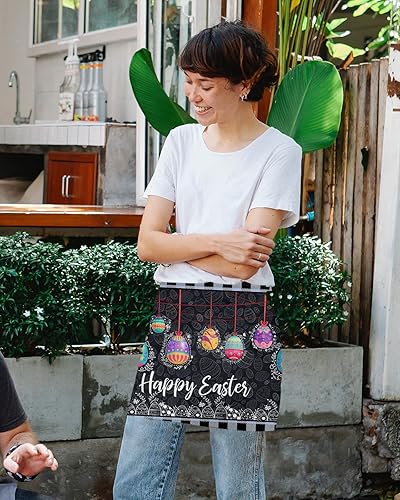 Miniatura 4 de Delantal de camarero de Pascua negro con bolsillos, huevos coloridos de primavera, hierbas florales silvestres, cintura media cocina, barbacoa,