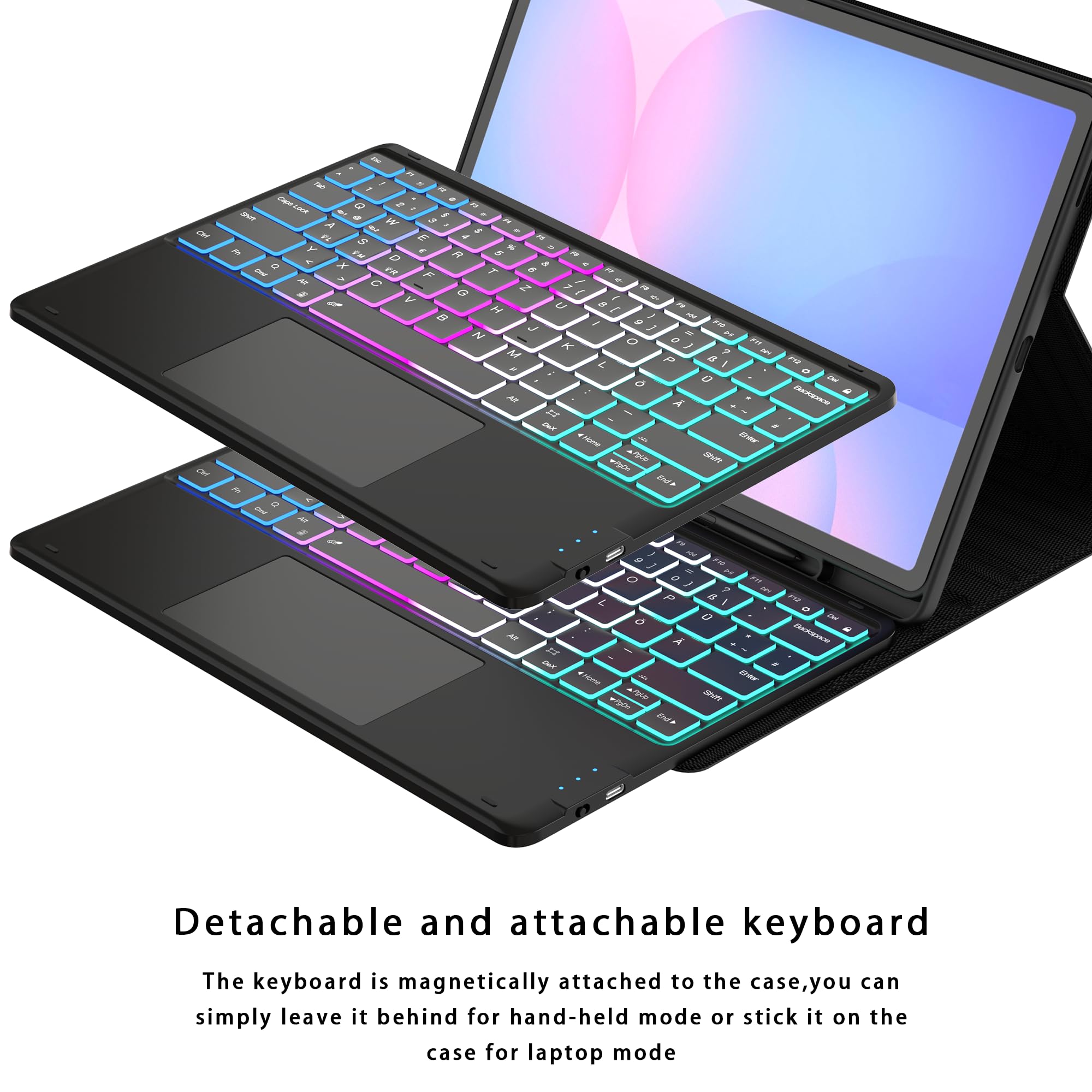 für Samsung Tab S10 FE+ Plus 13.1 Zoll Hülle mit Tastatur mit Trackpad | 7 Farben RGB Hintergrundbeleuchtung, Touchpad, DeX-Taste, Pen Halter, Abnehmbare Tastatur, Deutsches QWERTZ-Layout, TPU-hülle