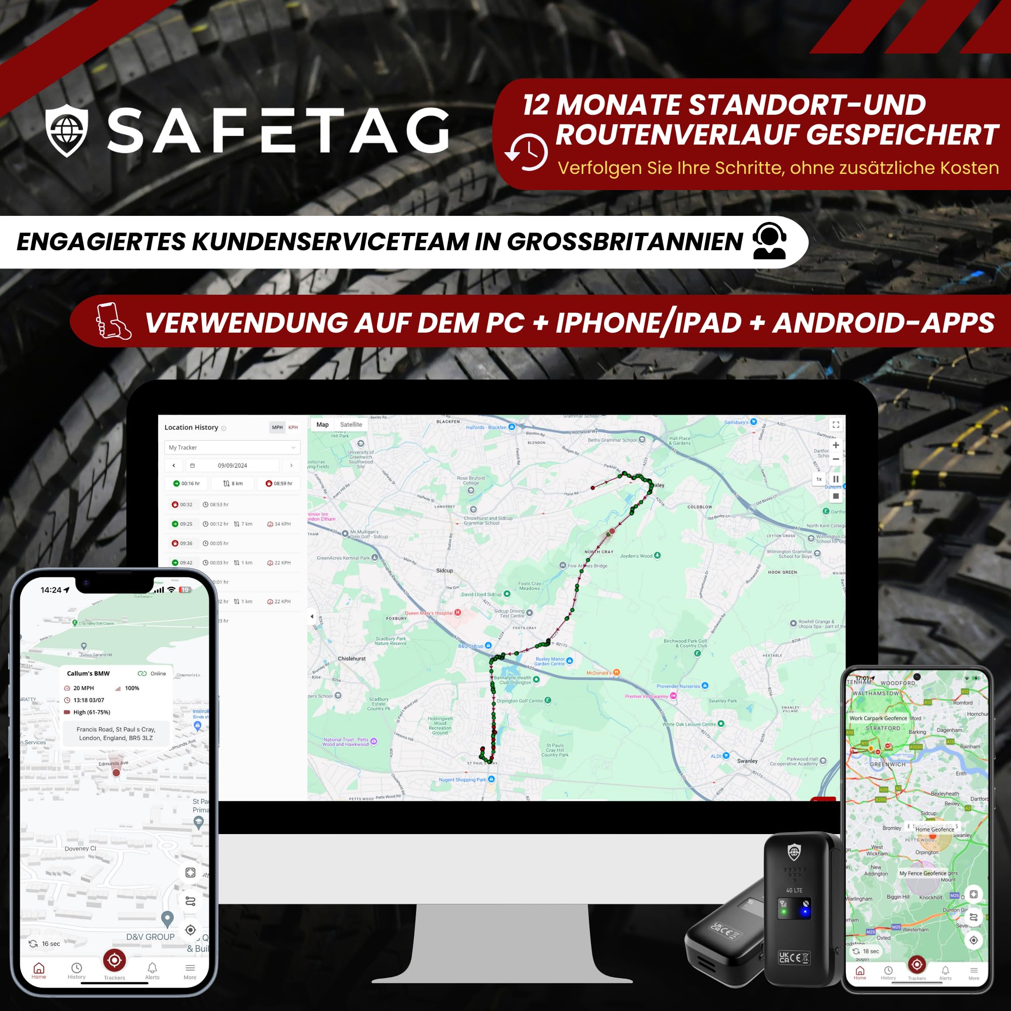 SafeTag Mini 4G – Mini wiederaufladbarer 4G LTE GPS-Tracker, Auto, Motorrad usw. 34–205 Länder, Echtzeit-Tracking, 7-tägige kostenlose Testversion – SIM inklusive, 12 Monate Garantie