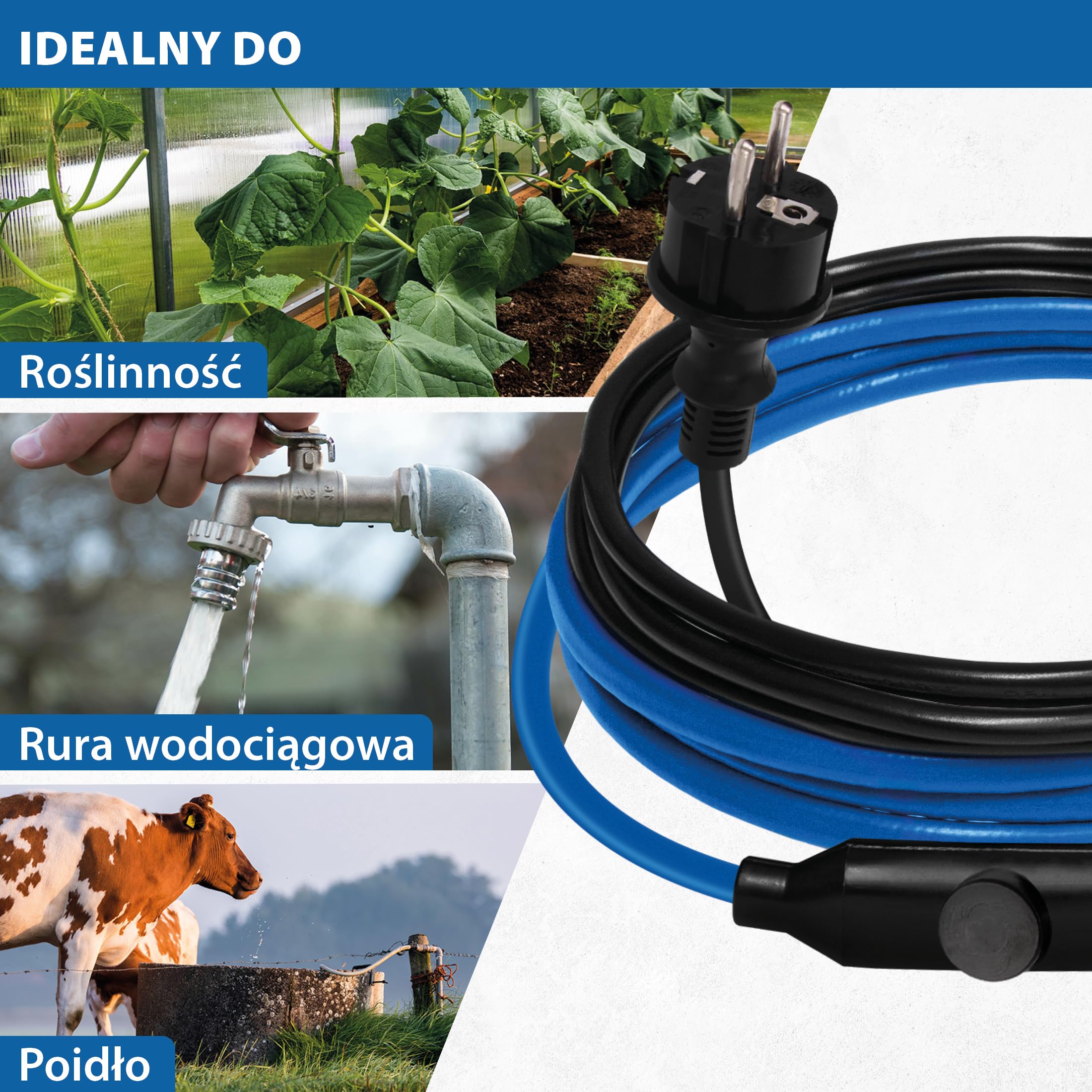 Kabel elektryczny przeciwzamrożeniowy 15 W/m – rury, przewody, zbiorniki – ogrzewanie towarzyszące, ogrzewanie odszraniające, kabel grzejny – długość 12 m z termostatem +5°C włączony / +15°C wyłączony