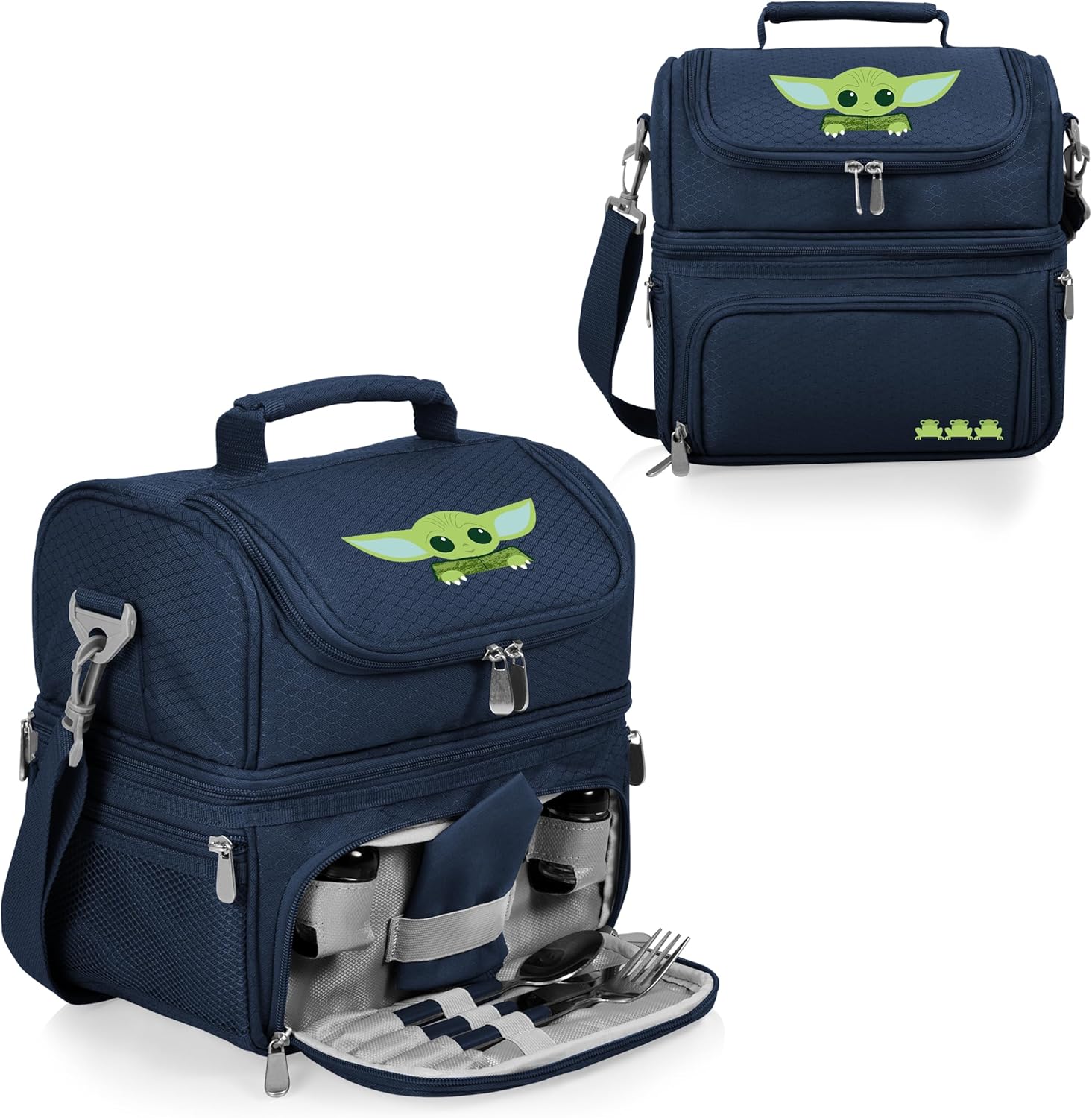 PICNIC TIME Star Wars Mandalorian Grogu Pranzo Insulated Lunch Box, Soft Sided Cooler Bag with Utensil Set, Dual Compartment Lunch Tote, (Navy Blue)