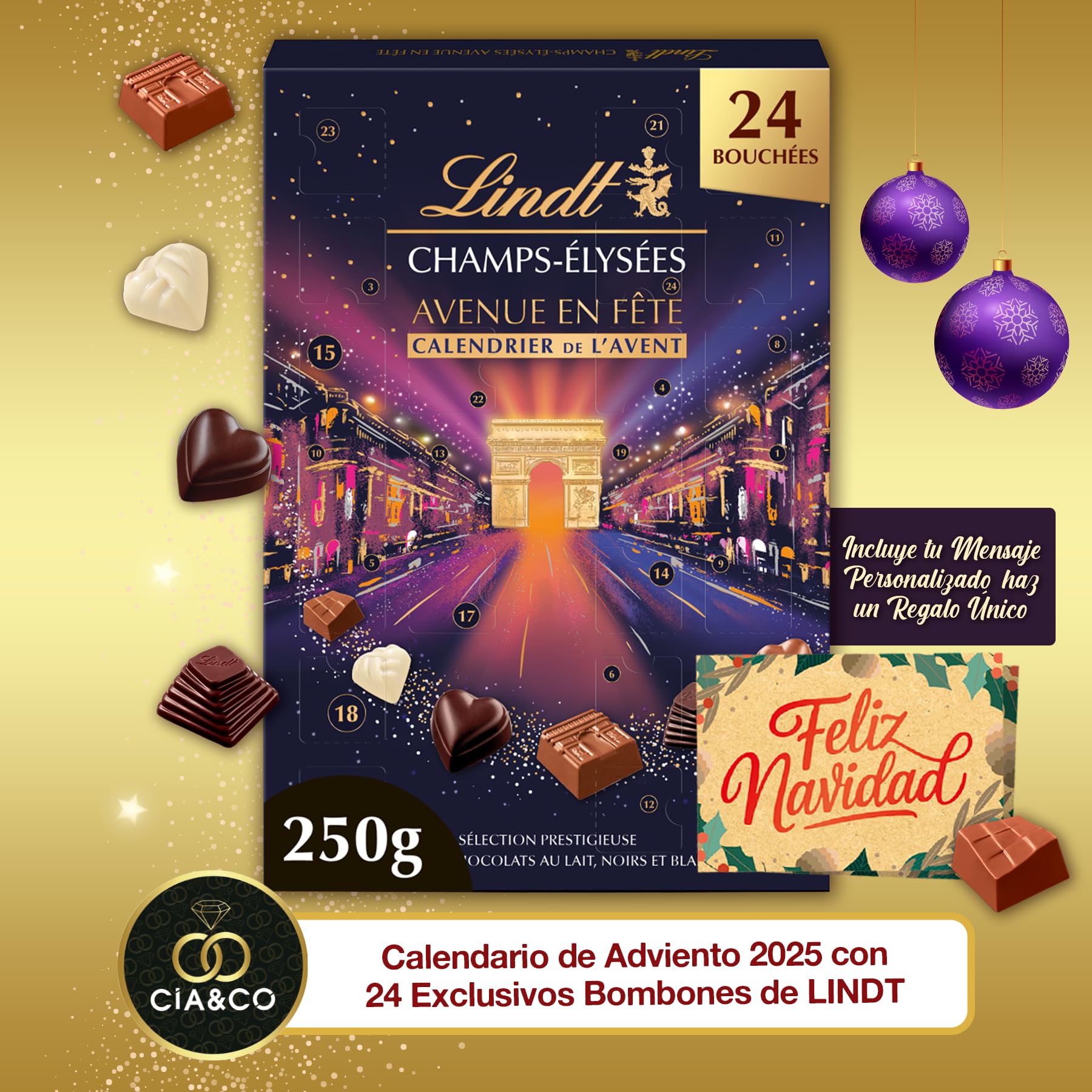 Calendario de Adviento Campos Elíseos + Tarjeta Personalizable Cia&Co con 24 Bombones Exclusivos de Chocolate Suizo · Con Leche, Negro y Blanco · Recetas Praliné, Caramelo y Fondant 250 g