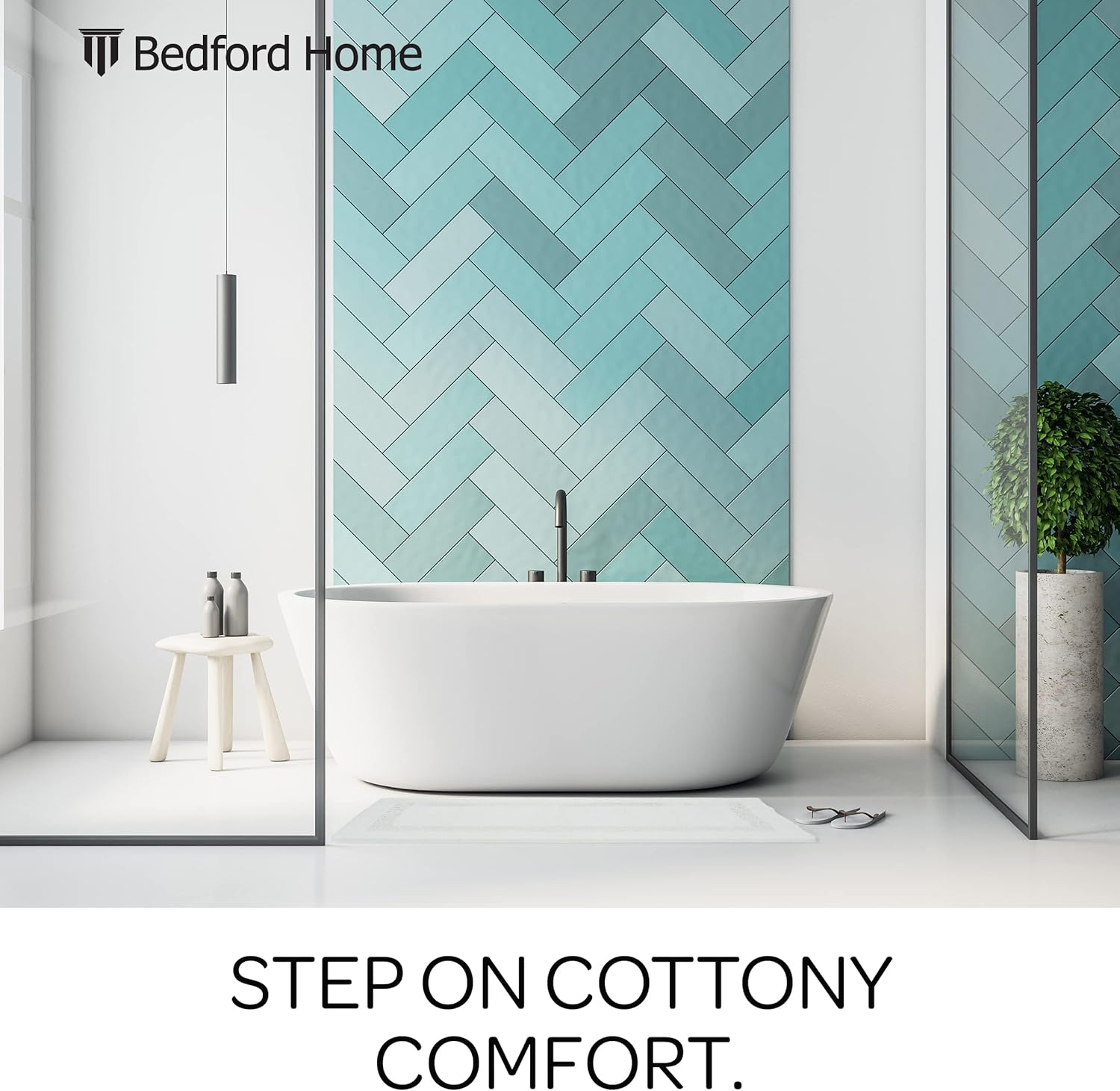 Bedford Home Reversible Long Bath Mat - 60x24-Inch Plush Cotton Bathroom Runner - Machine Washable Bath Mats for Bathroom, Kitchen, or Laundry Room (White)