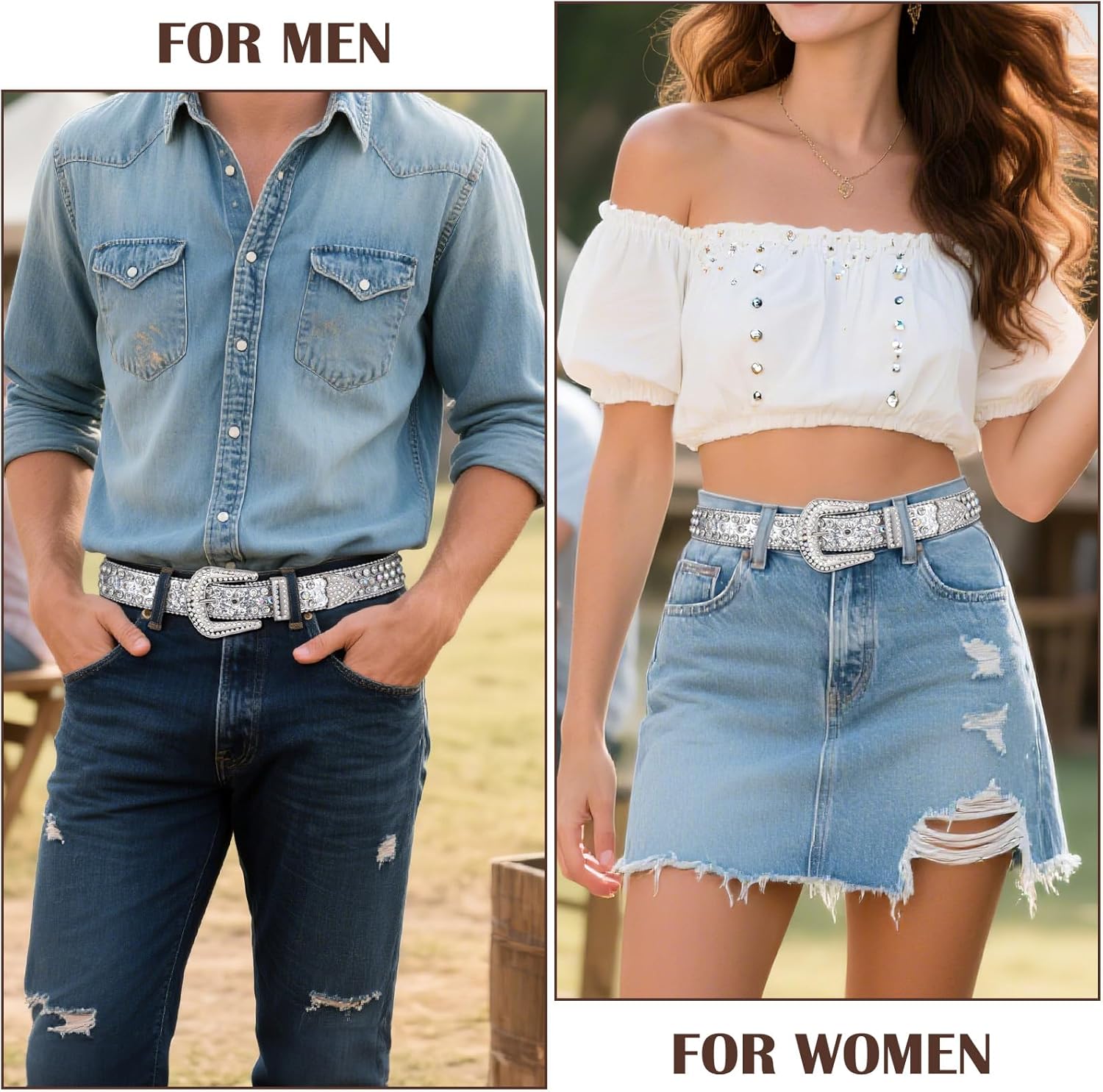 XZQTIVE Cowgirl Bling Studded Leather Belts for Jeans Pants with Rhinestone and Western Silver Buckle, Unisex - Image 4