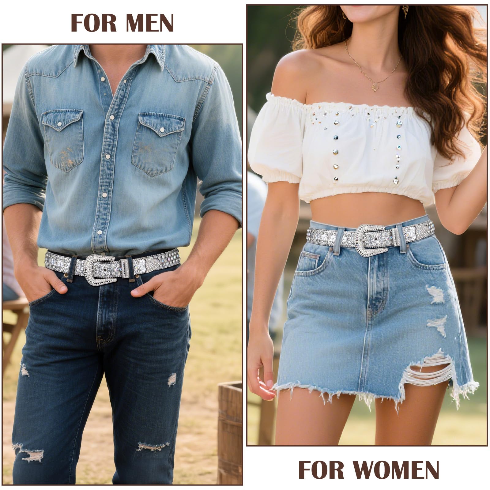 Cinturones de cuero con tachuelas de vaquera para pantalones vaqueros con diamantes de imitación y hebilla de plata occidental, unisex, plata (hebilla de plata) 4