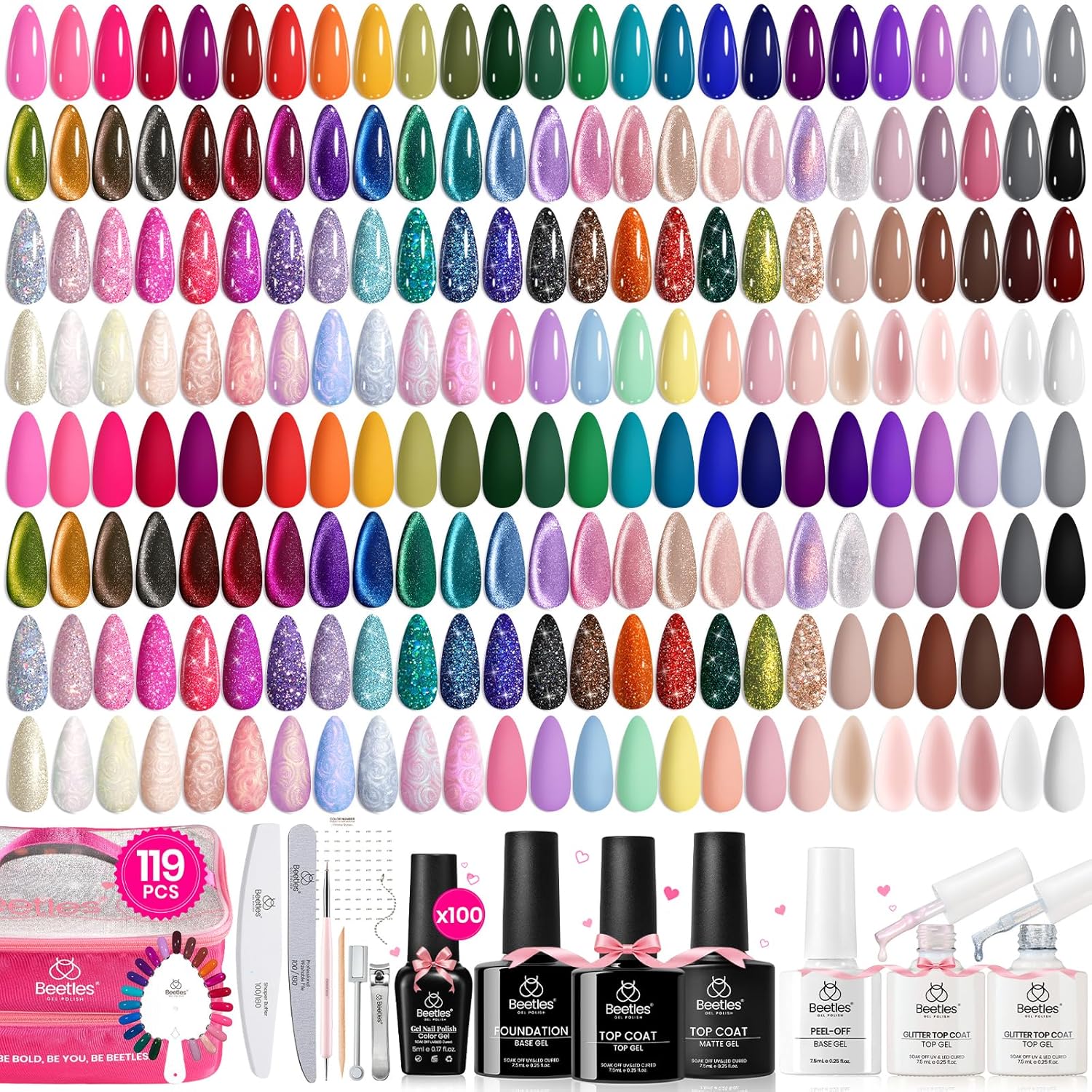 Beetles Nail Nook 119PCS 100 Colors Gel Nail Polish Set - Glitter Cat Eye Pearl Base Top Coats UV LED Kit for Long-Lasting Manicures