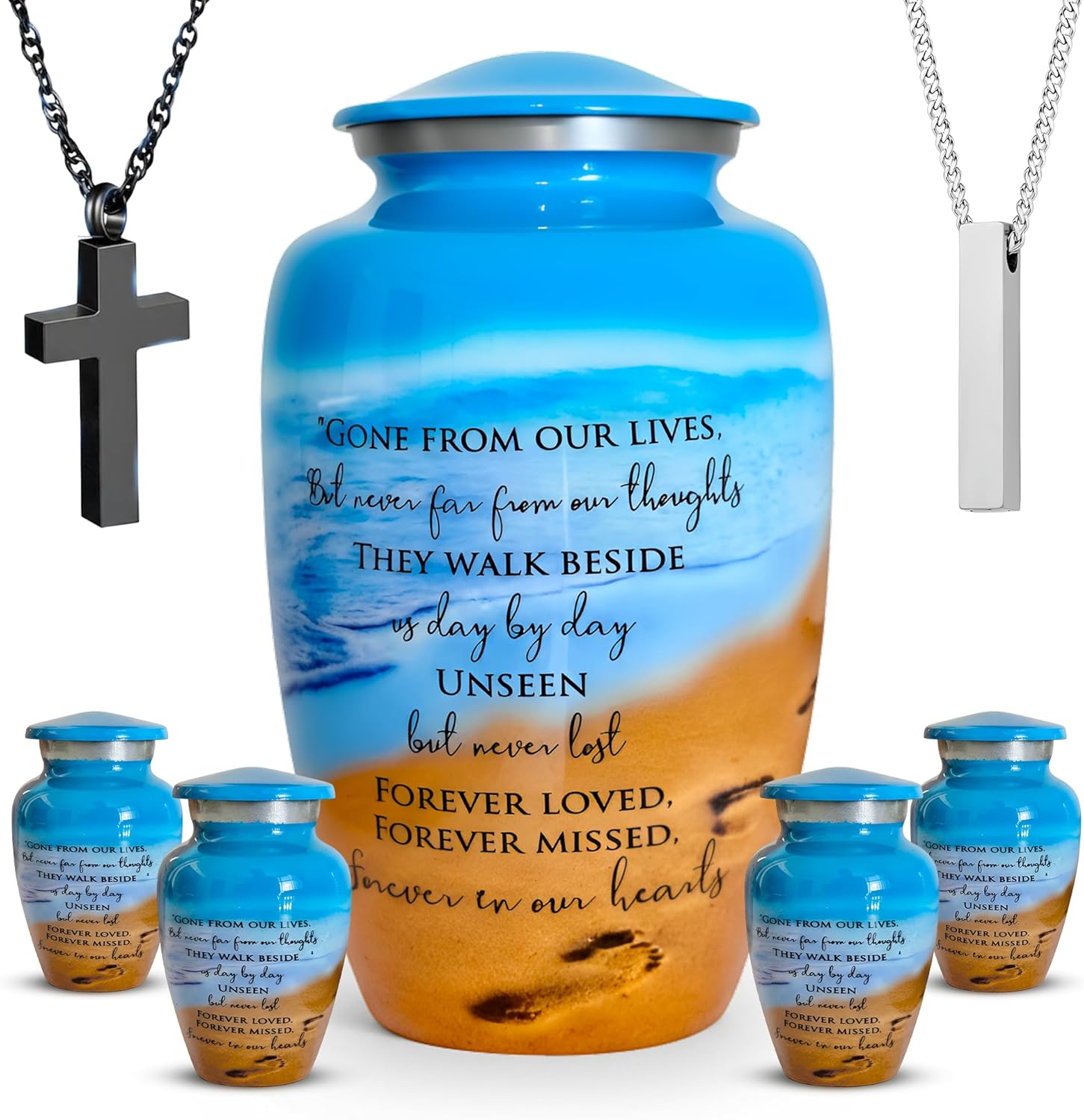 Family Eco-Friendly Cremation Urn for Ashes for Humans – Ocean Blue Urn with 1 Large Urn (220 lbs), 4 Small Urns & 2 Ash Necklaces – Recycled Aluminum Tribute – Memorial for Home, Service, Cemetery
