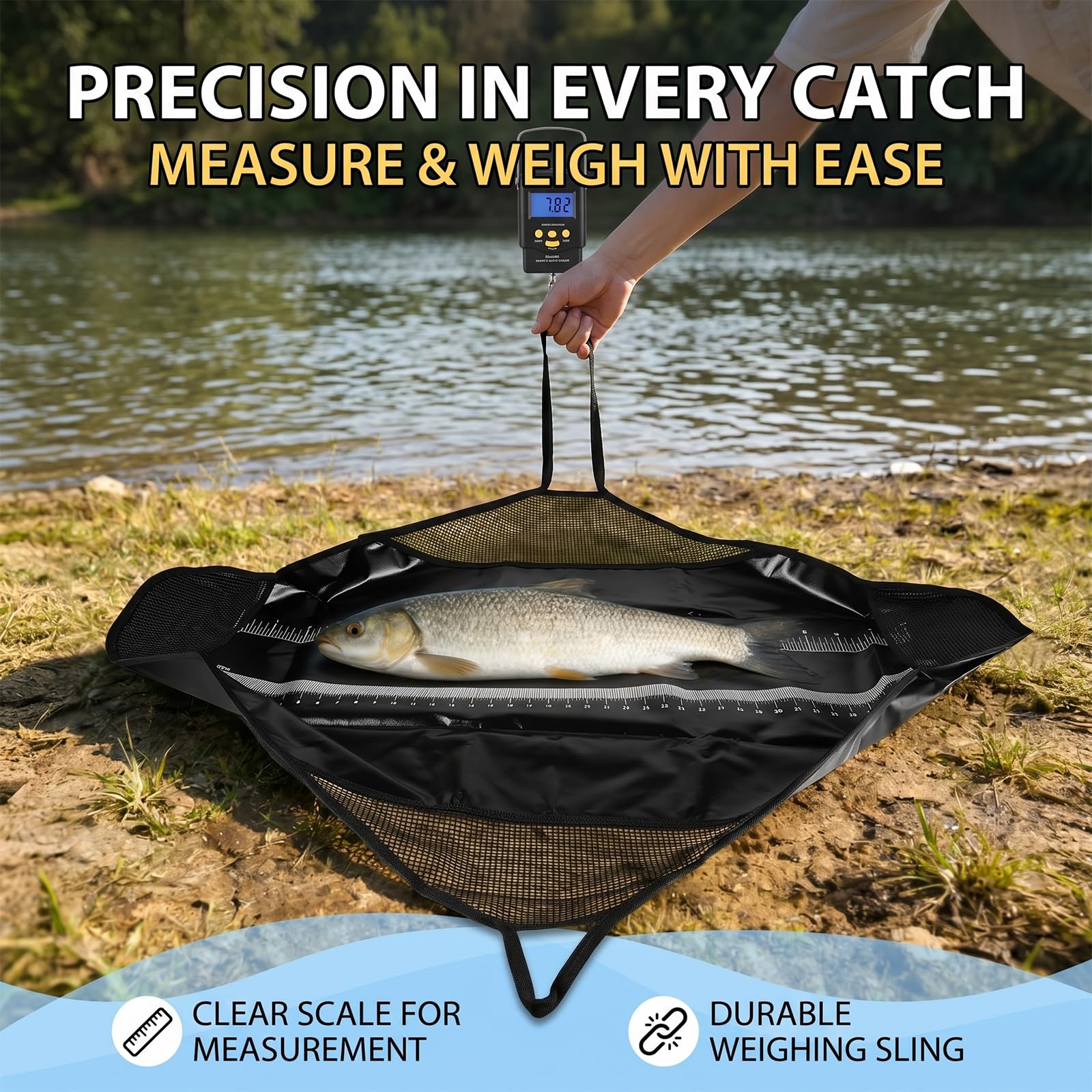 Tappetino da pesca pieghevole 125 x 55 cm, con metro a nastro, 0 – 100 cm, impermeabile, per pesci, pesare e trasporto, per pesci predatori, carpe, pesce gatto e pesce persico, con maniglie, portata