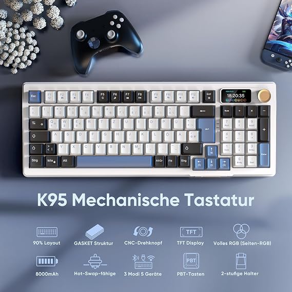 RedThunder K95 Wireless Mechanical Gaming Keyboard with 1.88 Inch Display & Button QWERTZ 96 Keys Gasket BT/USB-C/2.4GHz Software Hot-swap Linear Pink Switch RGB 8000mAh (Blue/White)