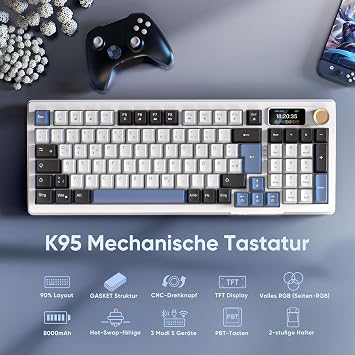 RedThunder K95 Wireless Mechanical Gaming Keyboard with 1.88 Inch Display & Button QWERTZ 96 Keys Gasket BT/USB-C/2.4GHz Software Hot-swap Linear Pink Switch RGB 8000mAh (Blue/White)