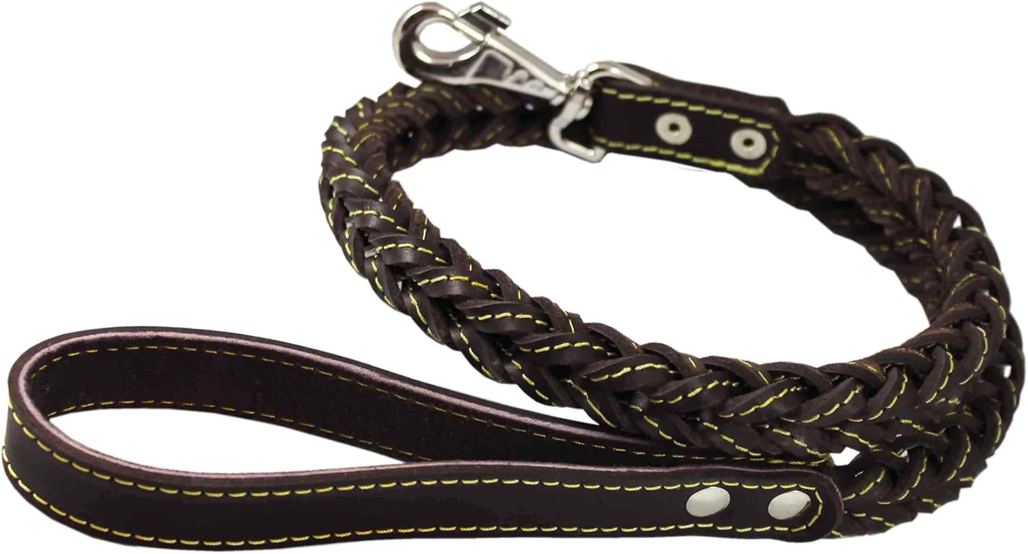4-Thong Square Fully Braided Genuine Leather Dog Leash, 3.5 ft Length 1" Wide Brown Large to X-Large