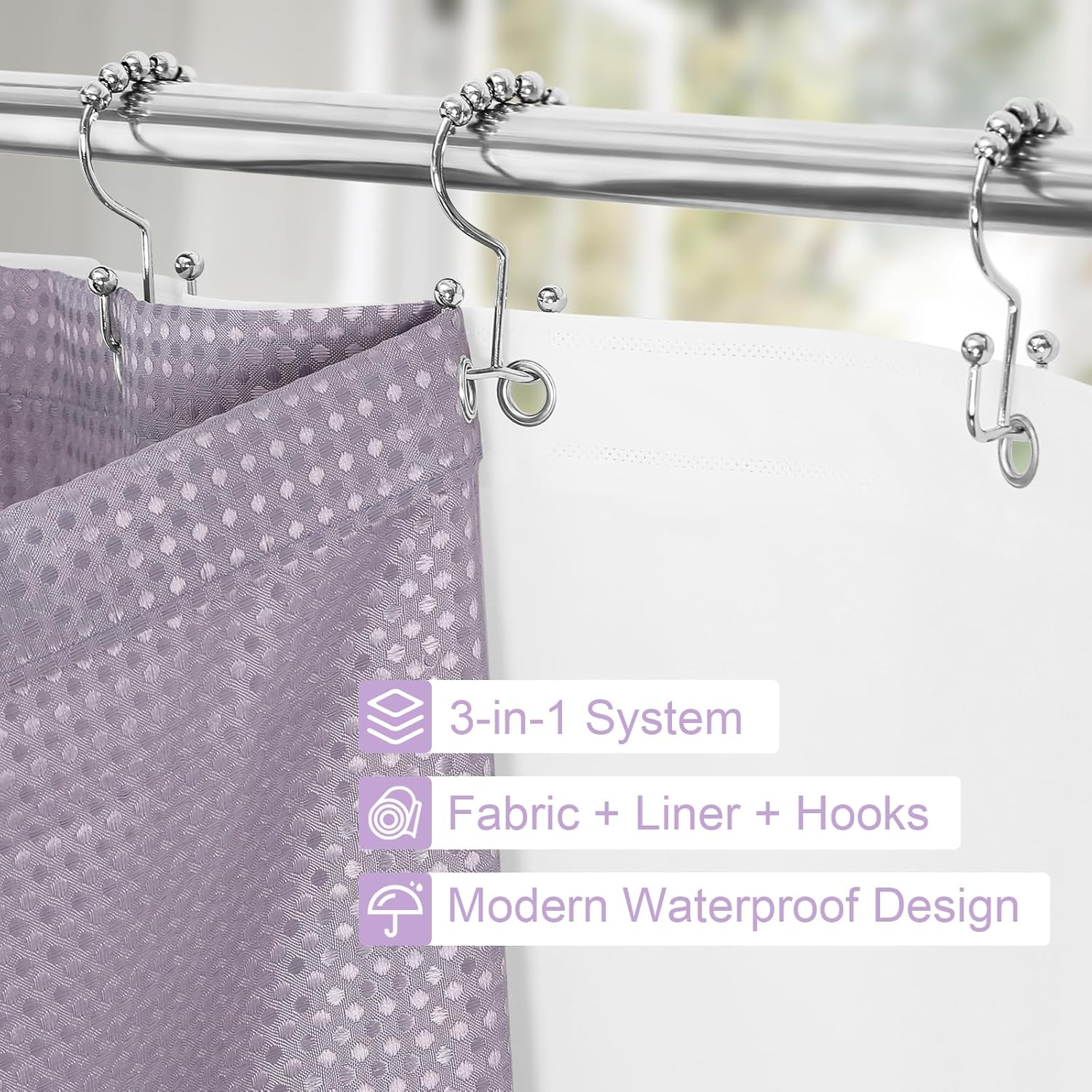 3 in 1 Shower Curtain Set, Purple Waffle Shower Curtain and PEVA Liner Set with 12 Stainless Steel Shower Curtain Hooks, Lavender Waterproof Fabric Shower Curtains for Bathroom, 72 W x 72 H