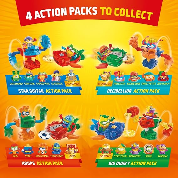 SUPERTHINGS KAZOOM Power Warriors – Action Pack. Includes 5 Superthings (1 Golden Captain included), 1 Robot, and 1 Slider. Pack 1 of 4