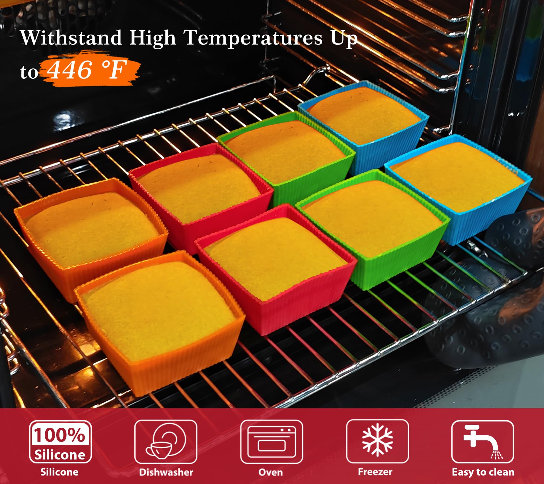 Webake Jumbo-Backförmchen, 8,9 cm, wiederverwendbar, Silikon, quadratisch, antihaftbeschichtet, für Muffins, Brownie, Kuchen, 8 Stück
