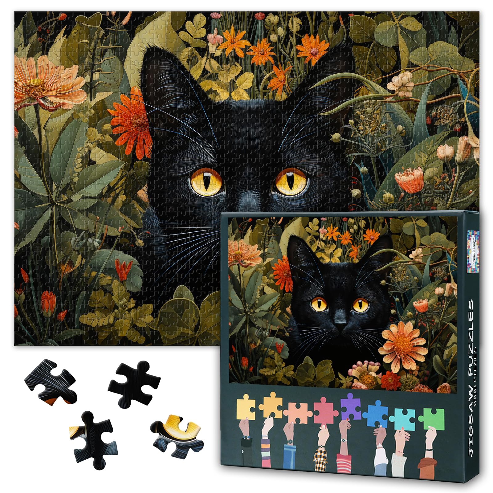 1000 Piece Puzzle for Adults - Cat in Lush Greenery Jigsaw Puzzles, Botanical Feline Artwork Adult Puzzles 1000 Pieces, Premium Nature-Themed Puzzle Board, 27.5x19.7 Inches