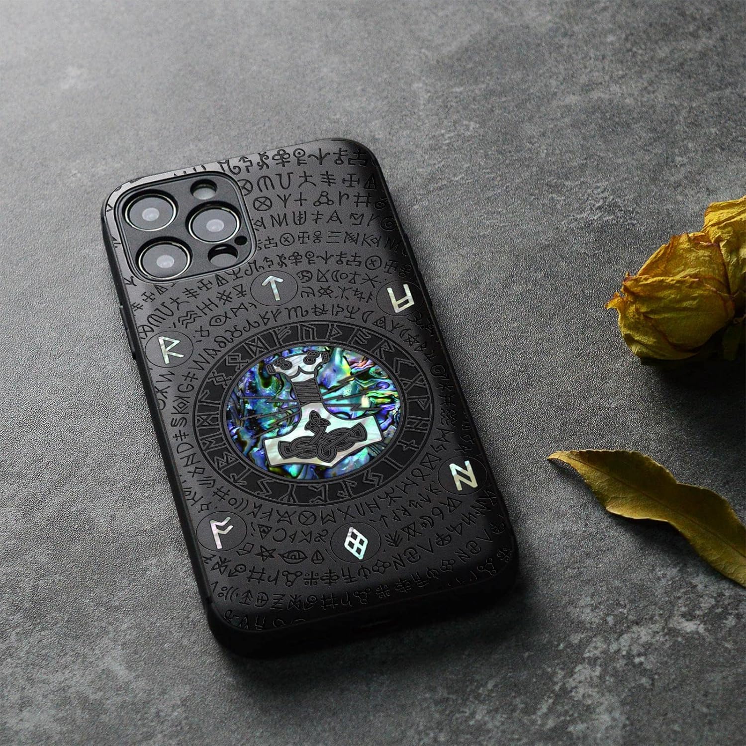 Carveit Designer Wooden Protective Case for iPhone 12 Pro Max Magnetic Cover [Wood Engraving & Shell Inlay] Wood Phone Case Compatible with 12 Pro Max MagSafe (Thors Hammer-Blackwood)