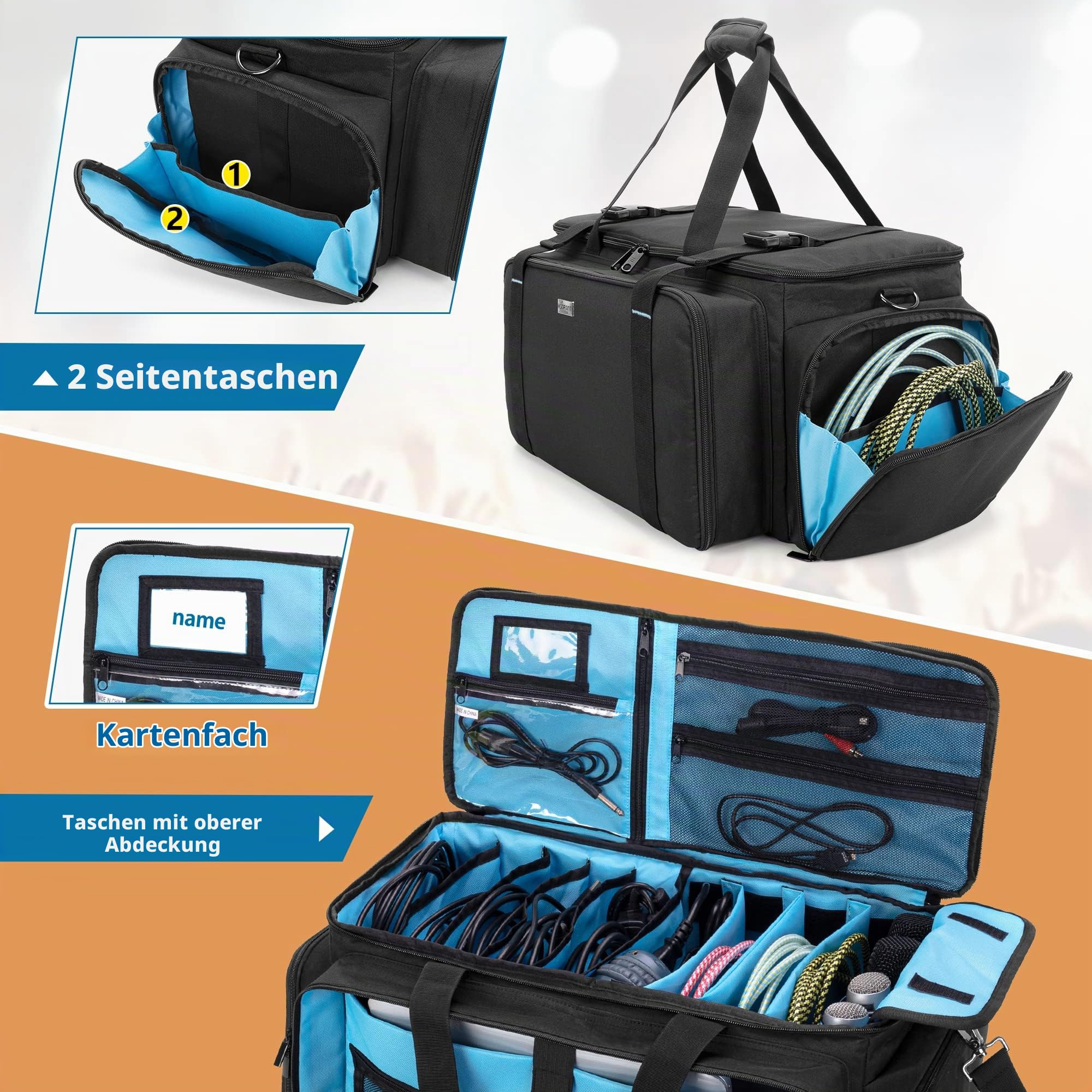 HODRANT Kabeltasche DJ Auftritte mit gepolstertem Boden und Trennwänden | Reise Organizer für DJ Ausrüstung für Mikrofone, 14" Laptop, Musikinstrument, Nur Tasche
