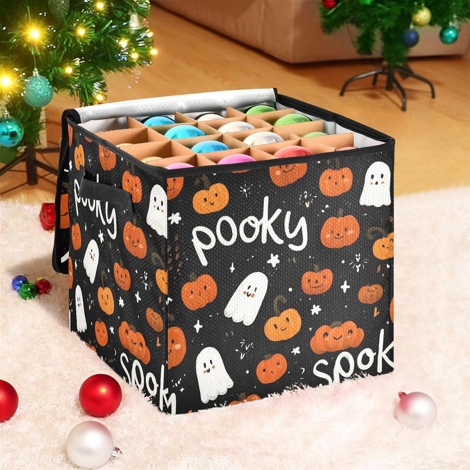 Halloween Ghost Pumpkin Decor Christmas Ornament Storage,Stores up to 64 Holiday Ornament,Adjustable Dividers,Zippered Top,Two Handles Attractive Storage Box Keeps Decorations Clean