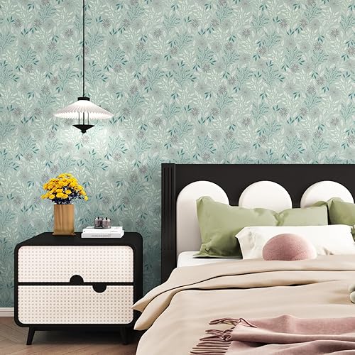 Miniatura 2 de Papel tapiz autoadhesivo de hojas color azul verdoso, bohemio, extraíble, para paredes de dormitorio, papel adhesivo impermeable para hojas de