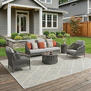 DEVOKO Outdoor 5 Seater Rope Patio Furniture Sofa Set with Center Table and Side Table for Balcony, Terrace, Garden, and B...