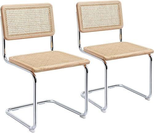 Flouki Juego de 2 sillas de comedor de ratán, sillas bohemias para cocina con malla de caña natural, diseño voladizo de mediados de siglo, madera