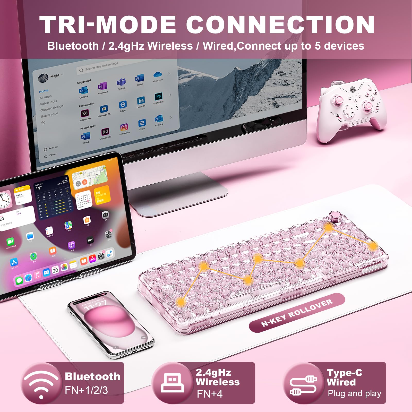 YUNZII X98 QMK/VIA Wireless Mechanical Gaming Keyboard with Knob,Tri-Mode BT5.0/USB-C/2.4GHz Hot Swappable Keyboard,Pre-lubed Switches Gasket Mount RGB Backlit for Wins/Mac (Purple, Snow Switch): Pink Snow Switch
