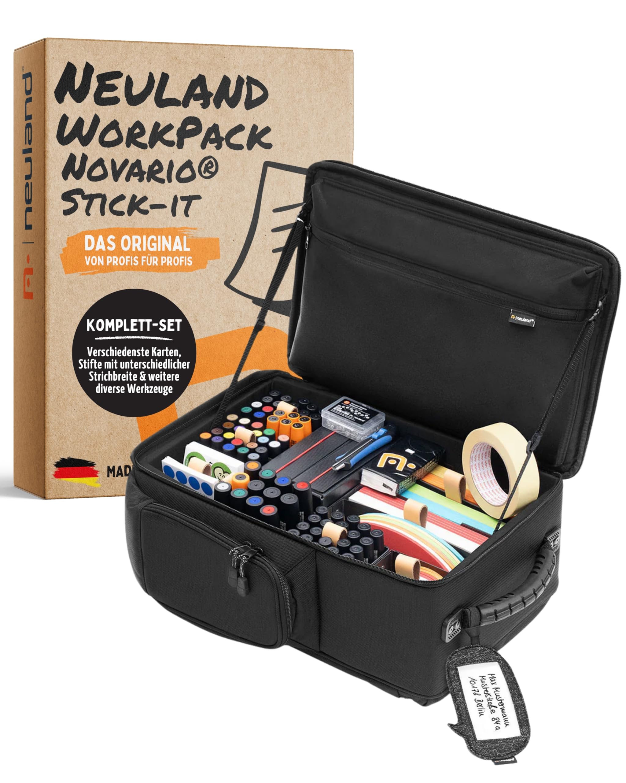 Neuland Novario® WorkPack Stick-It Moderationskoffer mit Inhalt I Präsentationskoffer mit 900 selbstklebenden Moderationskarten, 73 Flipchart Markern & Aufbewahrungsboxen I Koffer & Flipchart Zubehör