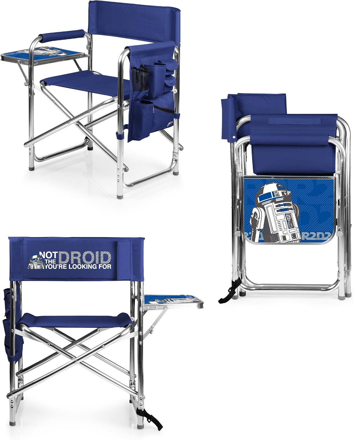 PICNIC TIME Star Wars R2-D2 Sports Chair with Side Table, Folding Beach and Camp Chair, Portable Outdoor Chair with Carry Strap and Storage Pockets, (Navy Blue)