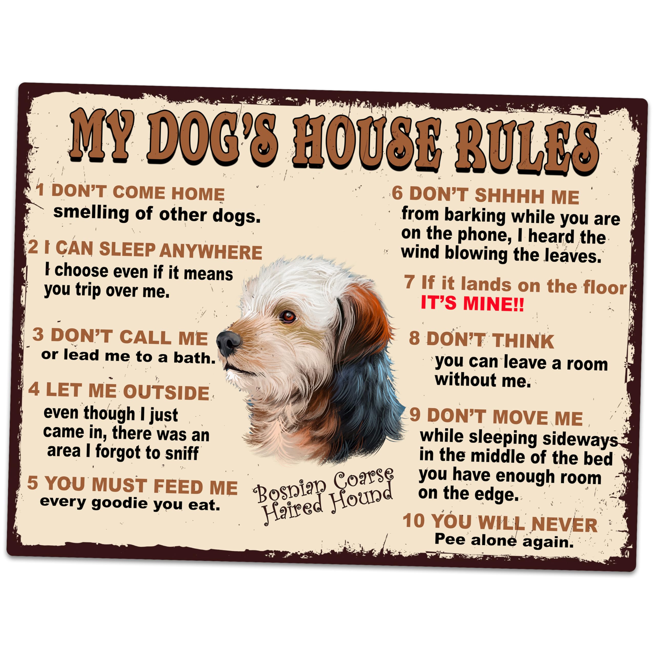 MY DOG'S HOUSE RULES BOSNIAN COARSE HAIRED HOUND THEME METAL RETRO STYLE PLAQUE/SIGN HOME DECOR SHABBY CHIC ART (10" X 8")