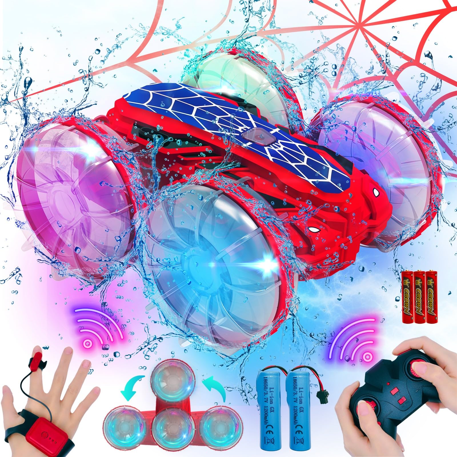 Spider Amphibious Remote Control Car Boat, 4WD Waterproof 2.4 GHz Pool Toys for Ages 6 7 8 9 10 11 12, 360° Gesture Sensing RC Stunt Car with LED Lights, Boys Girls Gifts All Terrain Water Toy