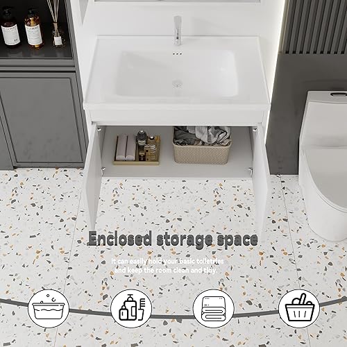 Miniatura 275 de Tocador de baño de 20 pulgadas con lavabo de cerámica, tocador de baño pequeño montado en la pared con puerta de cierre suave, gabinete flotante