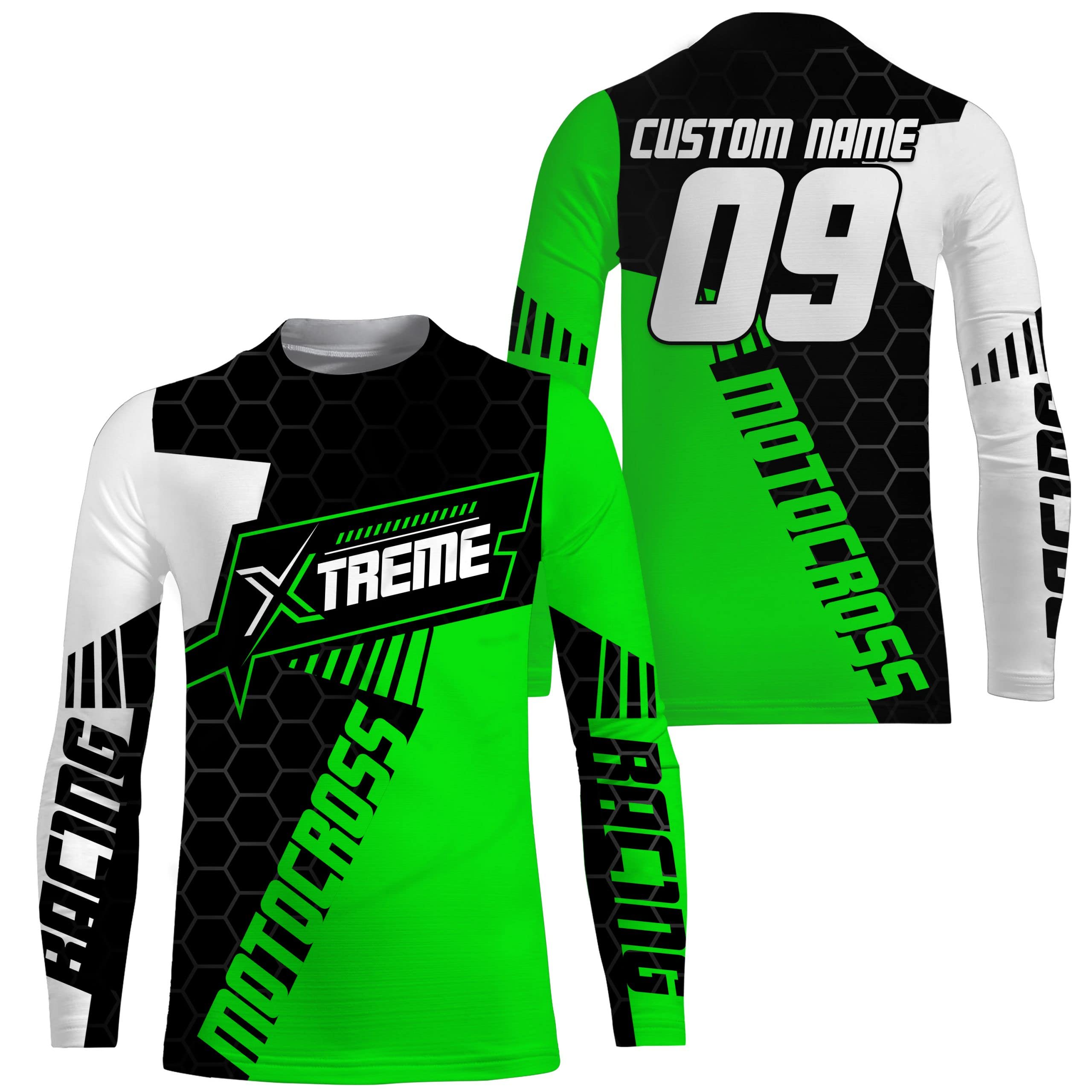 PIONAMZIOZ Kids Extreme Motocross Jersey Personalized UPF30+ Boys Girls Dirt Bike Racing Long Sleeves Green