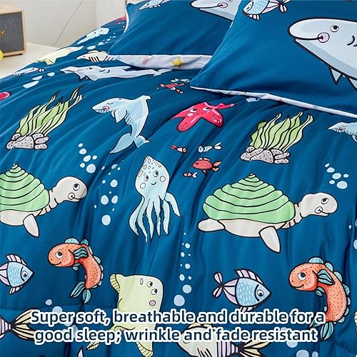 Miniatura 4 de WINLIFE Juego de edredón de tiburón tamaño individual para niños, juego de ropa de cama con estampado de océano azul, súper suave y fácil de lavar,