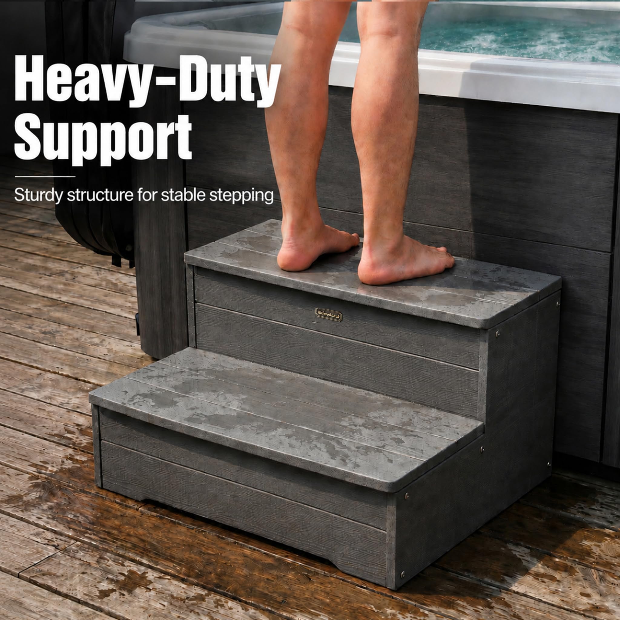 KaimuBench 63,5 cm große Whirlpool-Stufen, HDPS-Whirlpool-Treppe, wasserdicht, rutschfest, für den Außenbereich, Mehrzweck-Treppe, Holzoptik und strapazierfähig, Grau, Tragkraft: 272 kg