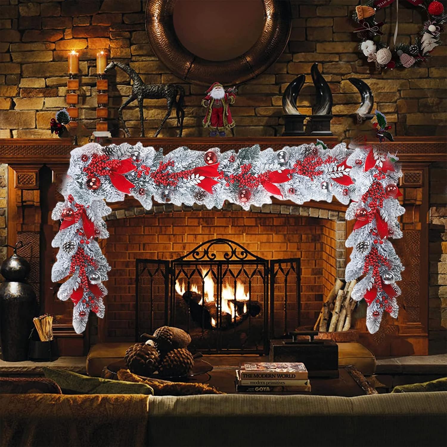 3.93Ft Christmas Garland with Pinecones Red Berries Bows Christmas Balls Ornaments Snow Flocked Artificial Xmas Wreath Decor for Staircase Railing Indoor Outdoor (White)