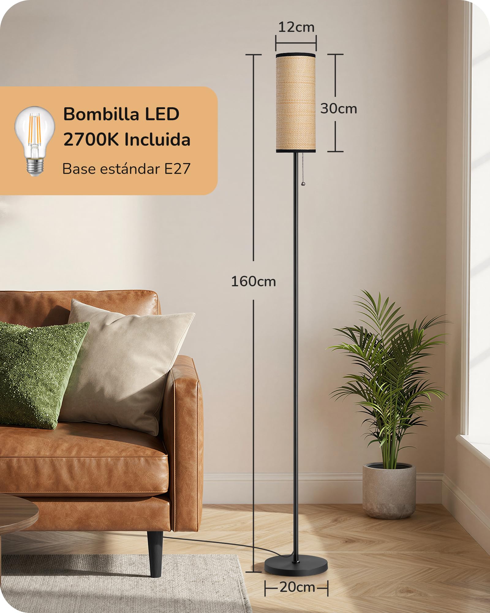 EDISHINE Lámpara de Pie para Salón, Lámpara Moderna Negra con Pantalla de Cuerda Trenzada y Base de Mármol, Casquillo E27 Incluido con Bombilla LED 6W, Luz Cálida 2700K para Dormitorio, Pasillo