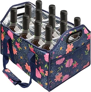 12 Bottle Wine Carrier Collapsible Bottle Caddy with Handles Storage Box for Travel Picnics Weddings Shopping Wine Tasting (Blue Floral)