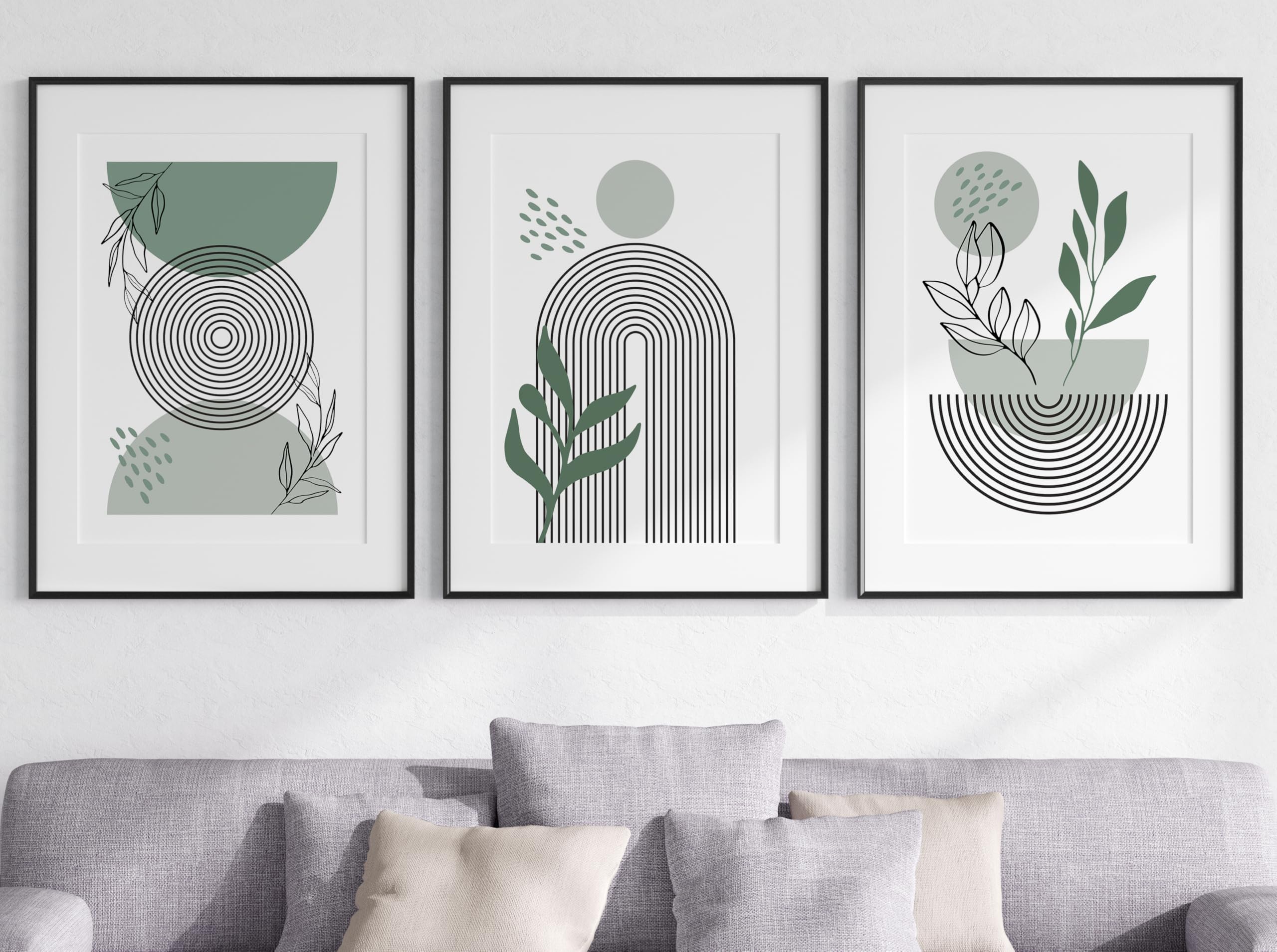 Eviepops Prints Set of 3 Unframed Boho Wall Art Prints, Modern Geometric Botanical Posters, Sage Green Abstract Leaf Art