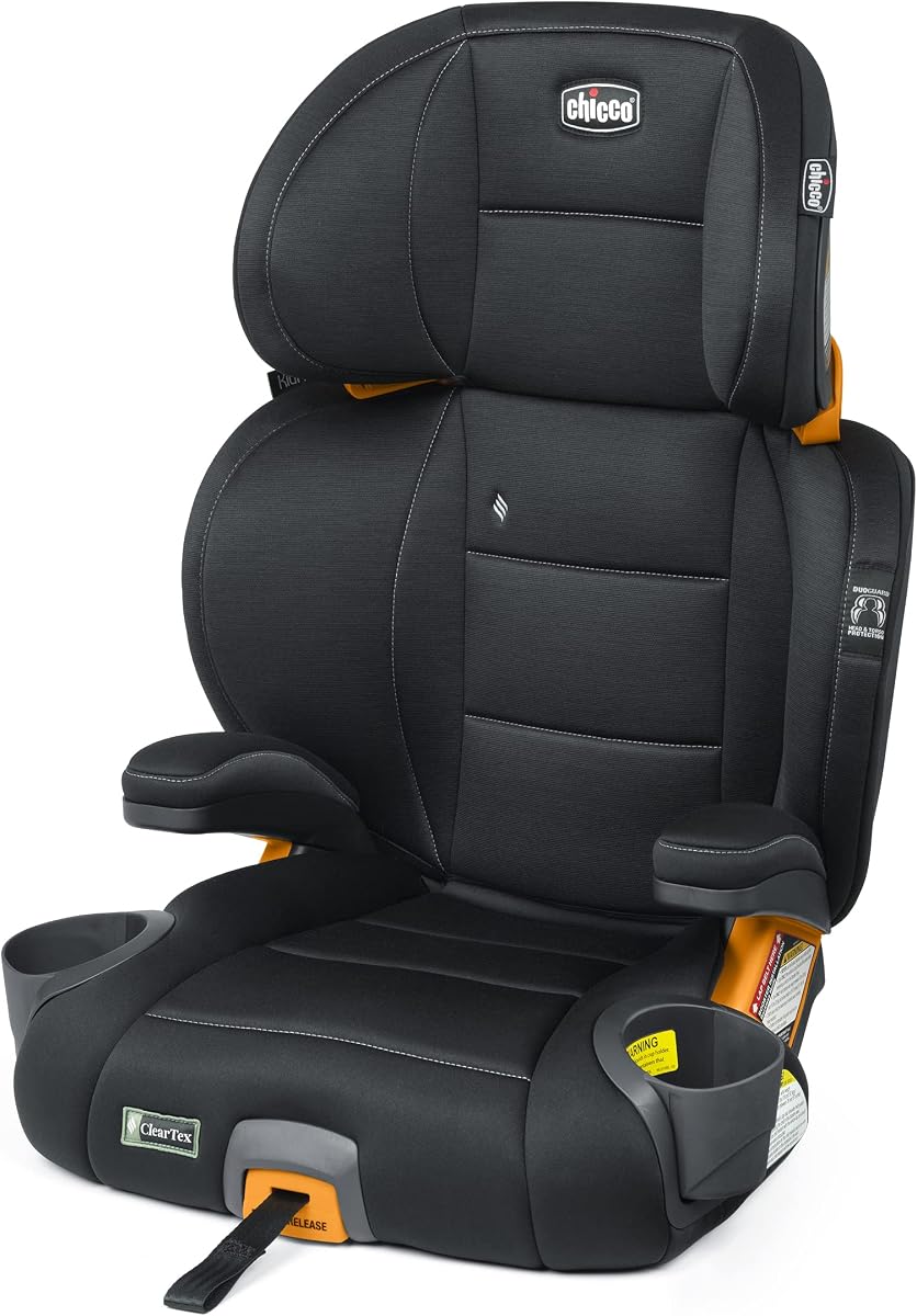 Chicco KidFit ClearTex Plus Asiento elevador para automóvil 2 en 1 con posicionamiento de cinturón | Obsidiana/Negro, asiento elevador con posicionamiento del cinturón, edades 4+, 40-100 lbs, protección DuoGuard, espuma ErgoBoost, sin retardantes de llama