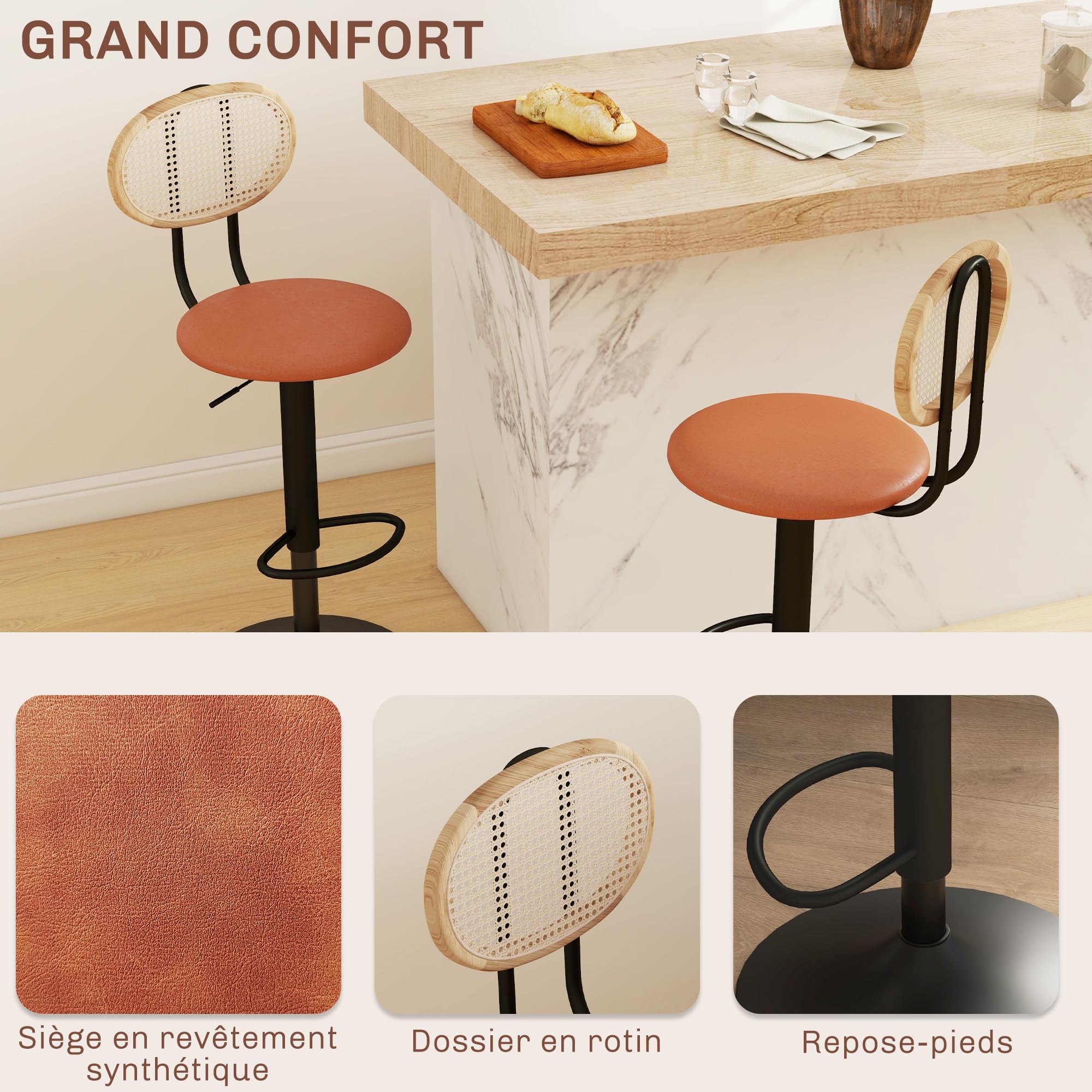 HOMCOM Lot de 2 Tabourets de Bar Hauteur Réglable Dossier Rotin Marron