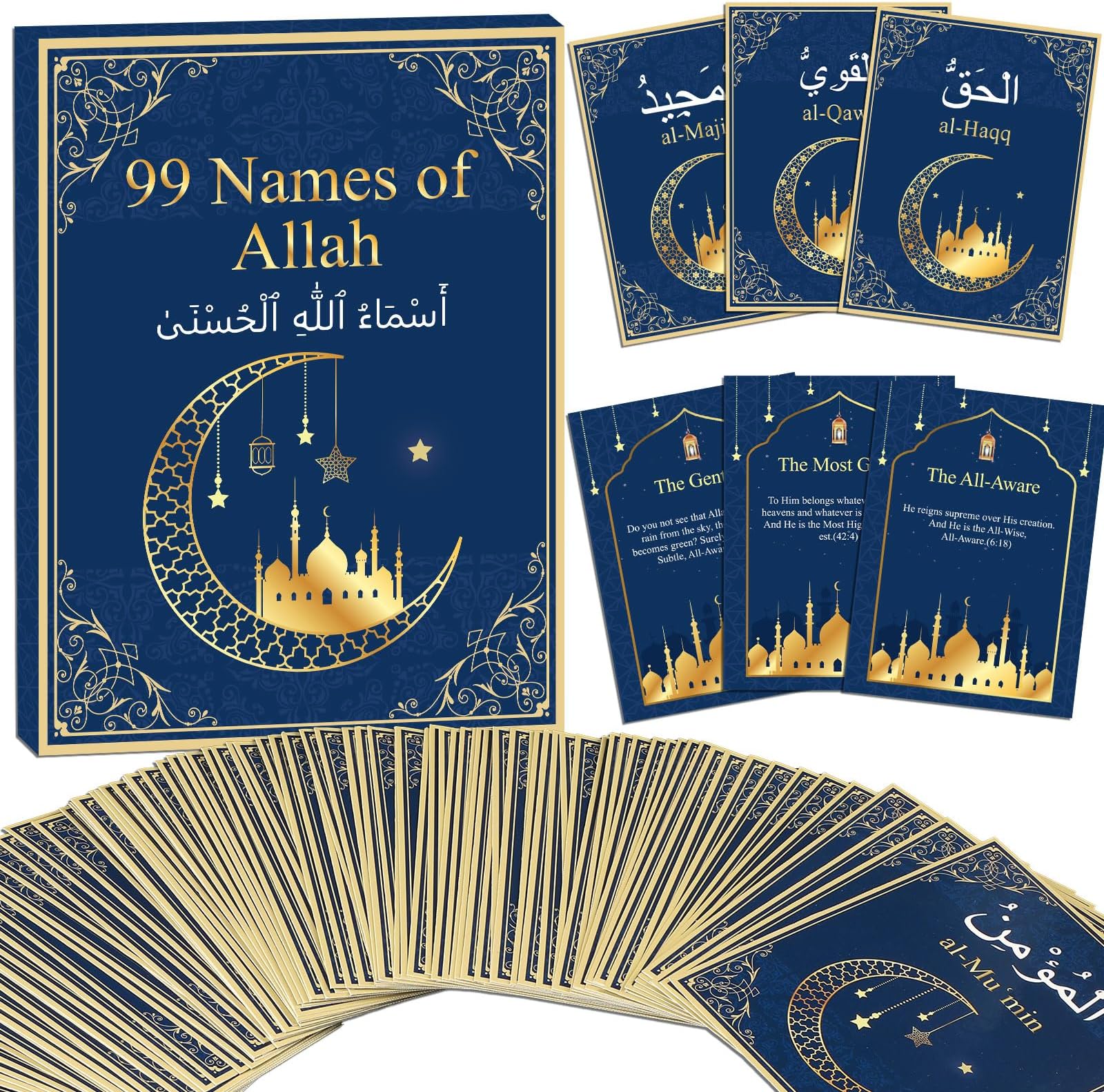 99 Names of Allah Flashcards Quran Verses Asma UI Husna Cards Eid Al Adha Learning Cards in Arabic and English Eid or Ramadan Gifts for Family Friends 5.7ร3.1 Inches(Blue and Gold)