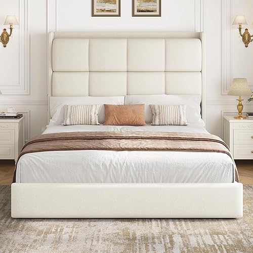 DICTAC Queen Size Upholstered Platform Bed Frame with 53.2" Tall Wingback Headboard–9 Metal Legs, No Box Spring Needed, Noise Free, Easy Assembly, Chenille Fabric–Modern Style for Any Bedroom, Cream