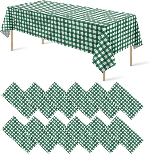 Paquete de 12 manteles de plástico a cuadros color verde oscuro, decorativos de alta calidad, desechables, para fiestas, manteles rectangulares para