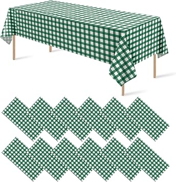 12Pack Dark Green Plastic Checkered Tablecloth, Premium Decorative Disposable Green Gingham Plaid Table Cloths for Parties, Rectangle Party Table Cover for Picnic Farm Birthday Wedding, 54x108 Inch
